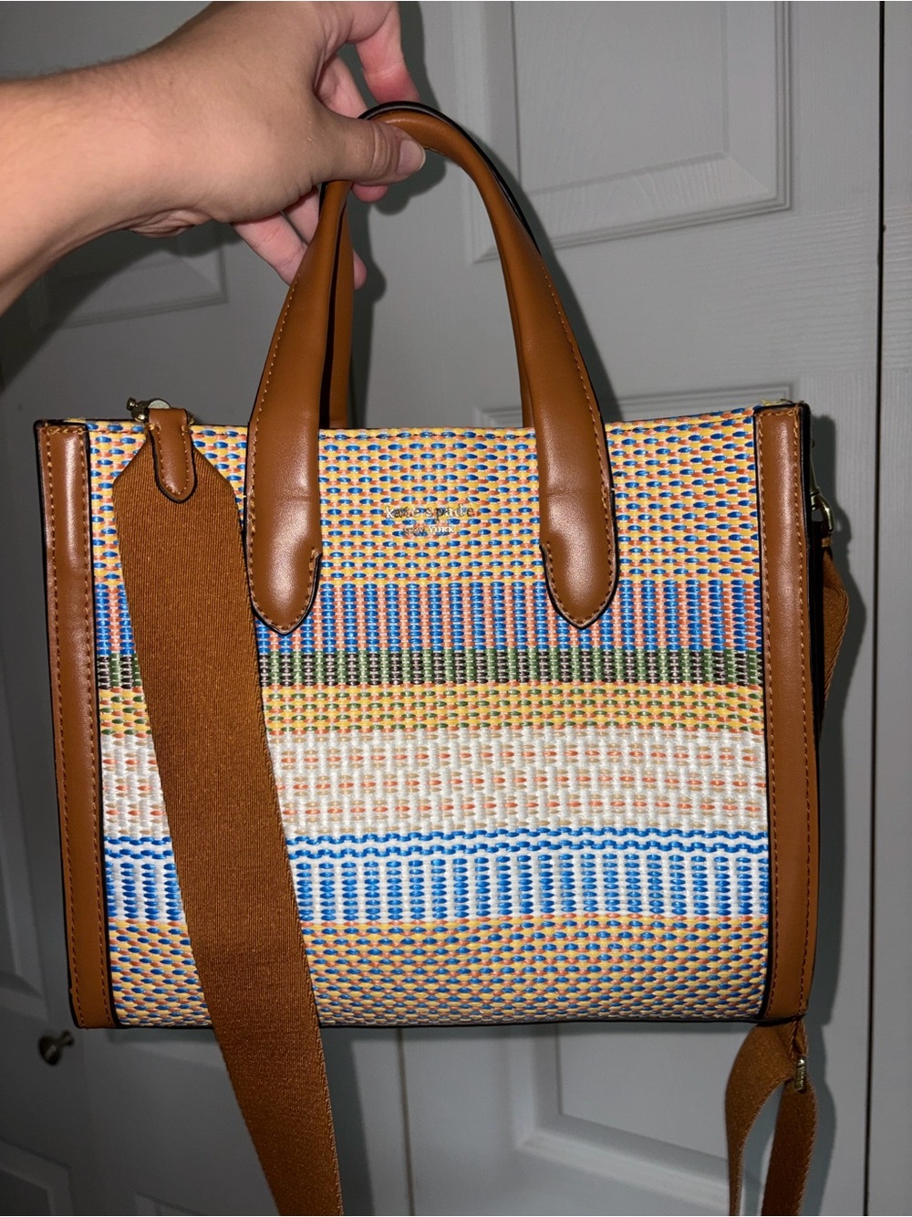 kate spade Multicolor Woven Tote with Tan Leather Trim